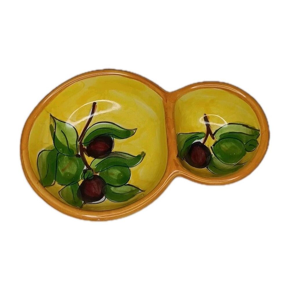 Olive Dish Two Section Yellow  Handpainted Olives Leaves Branches Made In Italy